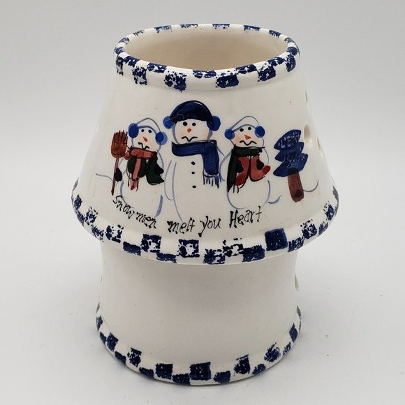 Snowmen Melt Your Heart Vntg Ceramic Blue White Snowmen Tealight Candle Holder - Picture 8 of 10